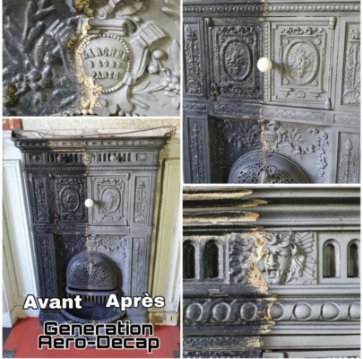 Nettoyage d'un poêle ancien par aérogommage