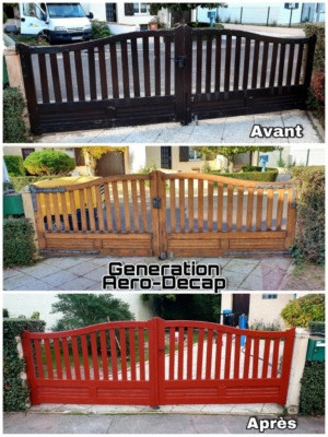 Décapage d'un portail en bois par aérogommage