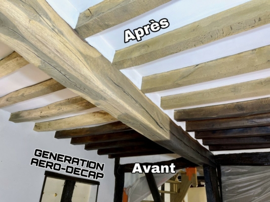 Décapage de poutres en bois par aérogommage