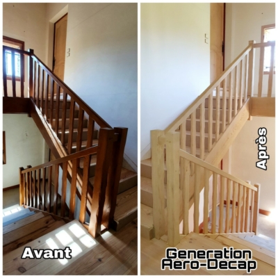 Décapage d'un escalier en bois par aérogommage