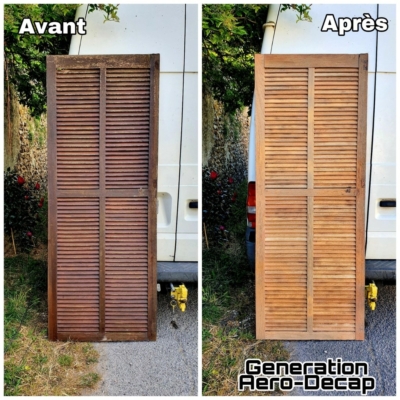 Décapage de portes vernies en bois par aérogommage