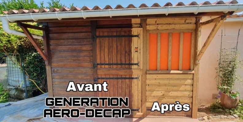 Décapage d'un chalet de jardin en bois par aérogommage
